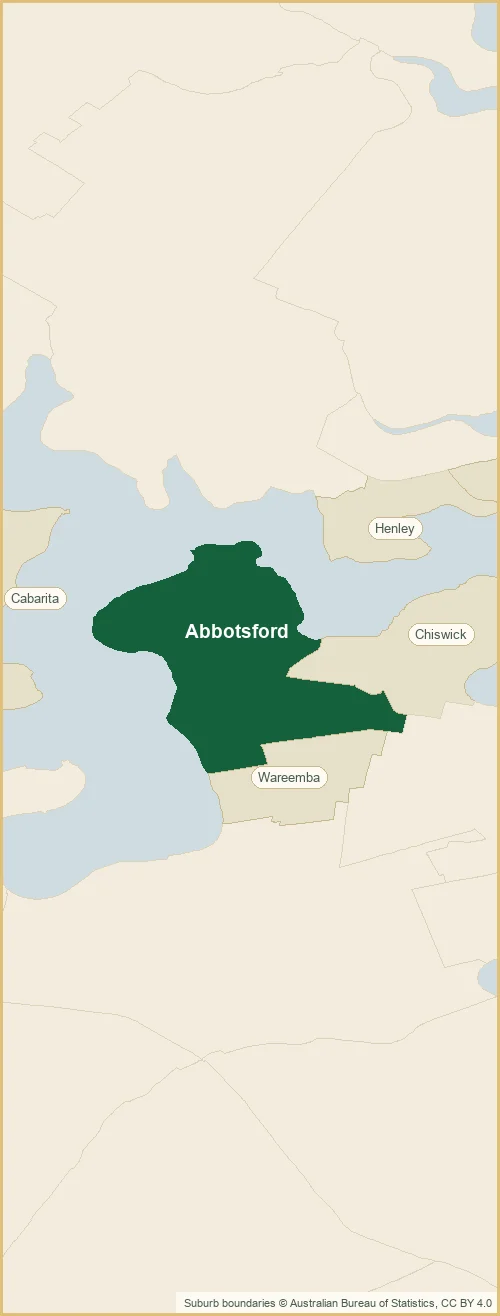 Map of the Abbotsford plumbing service area, with Abbotsford shaded and the surrounding suburbs marked: Chiswick, Cabarita, Breakfast Point out to Wareemba, Henley, Huntleys Point and more