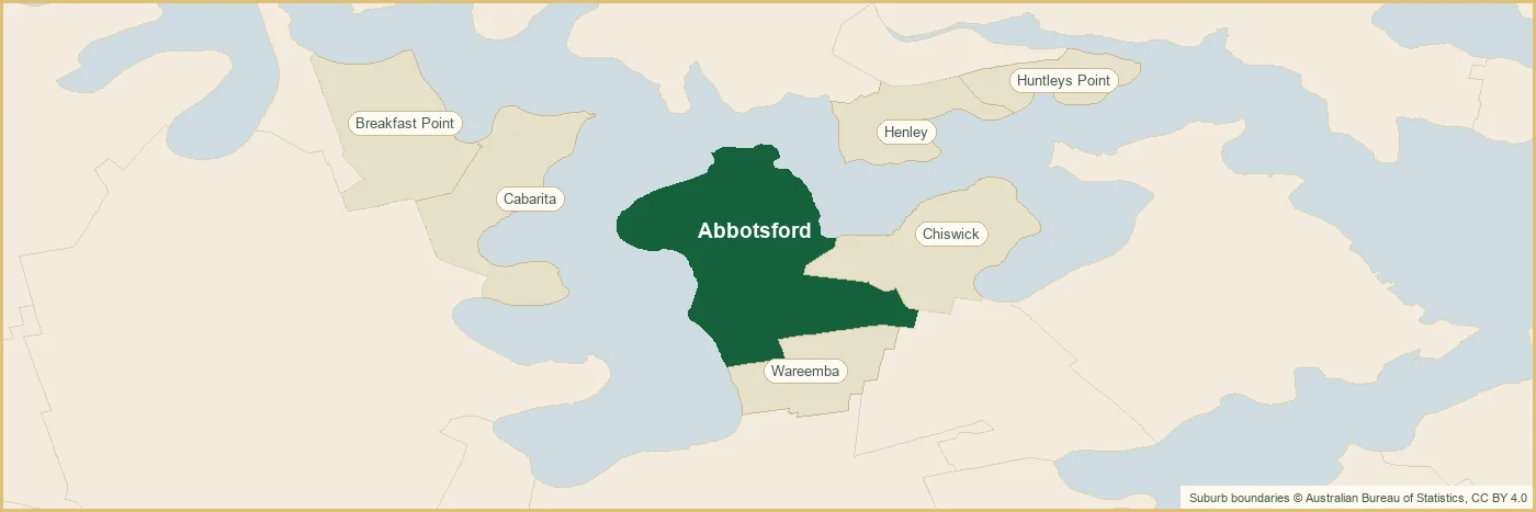 Map of the Abbotsford plumbing service area, covering Chiswick, Cabarita, Breakfast Point, Wareemba, Henley, Huntleys Point, Chiswick, Cabarita, Breakfast Point, Wareemba, Henley, Huntleys Point, Chiswick, Cabarita, Breakfast Point, Wareemba, Henley, Huntleys Point and Chiswick